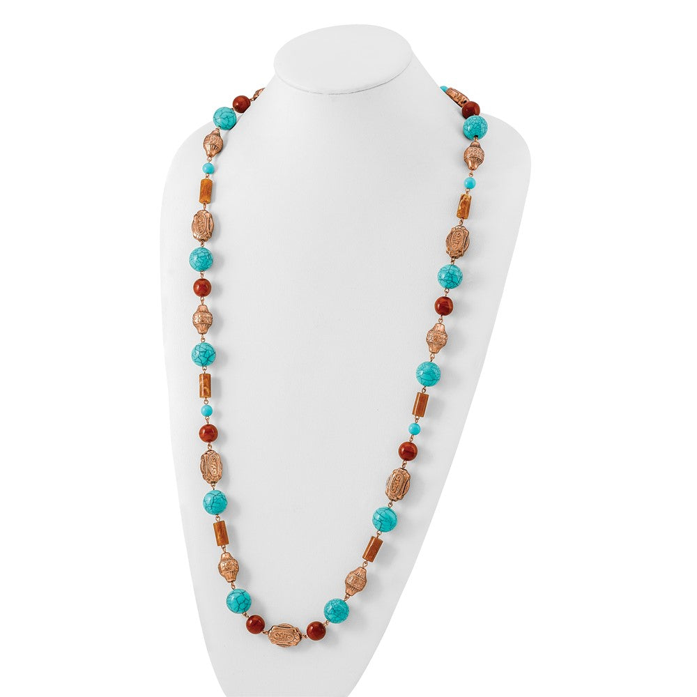 Mode 1928 Schmuck Copper-tone Muster Aqua Blau und Braun Acrylic Perlen Lang 44 Zoll Halskette