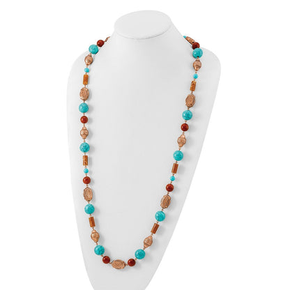 Mode 1928 Schmuck Copper-tone Muster Aqua Blau und Braun Acrylic Perlen Lang 44 Zoll Halskette