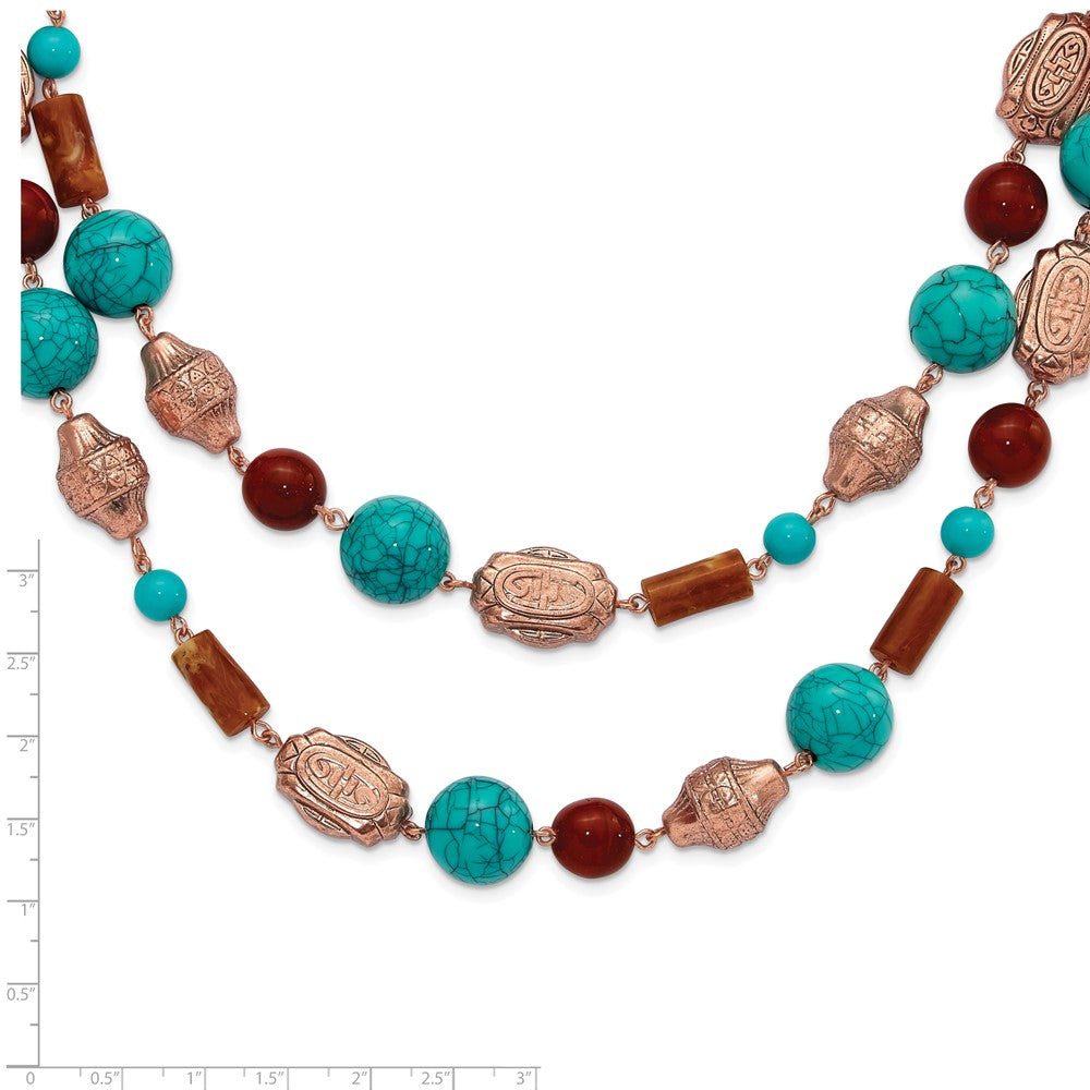 Mode 1928 Schmuck Copper-tone Muster Aqua Blau und Braun Acrylic Perlen Lang 44 Zoll Halskette