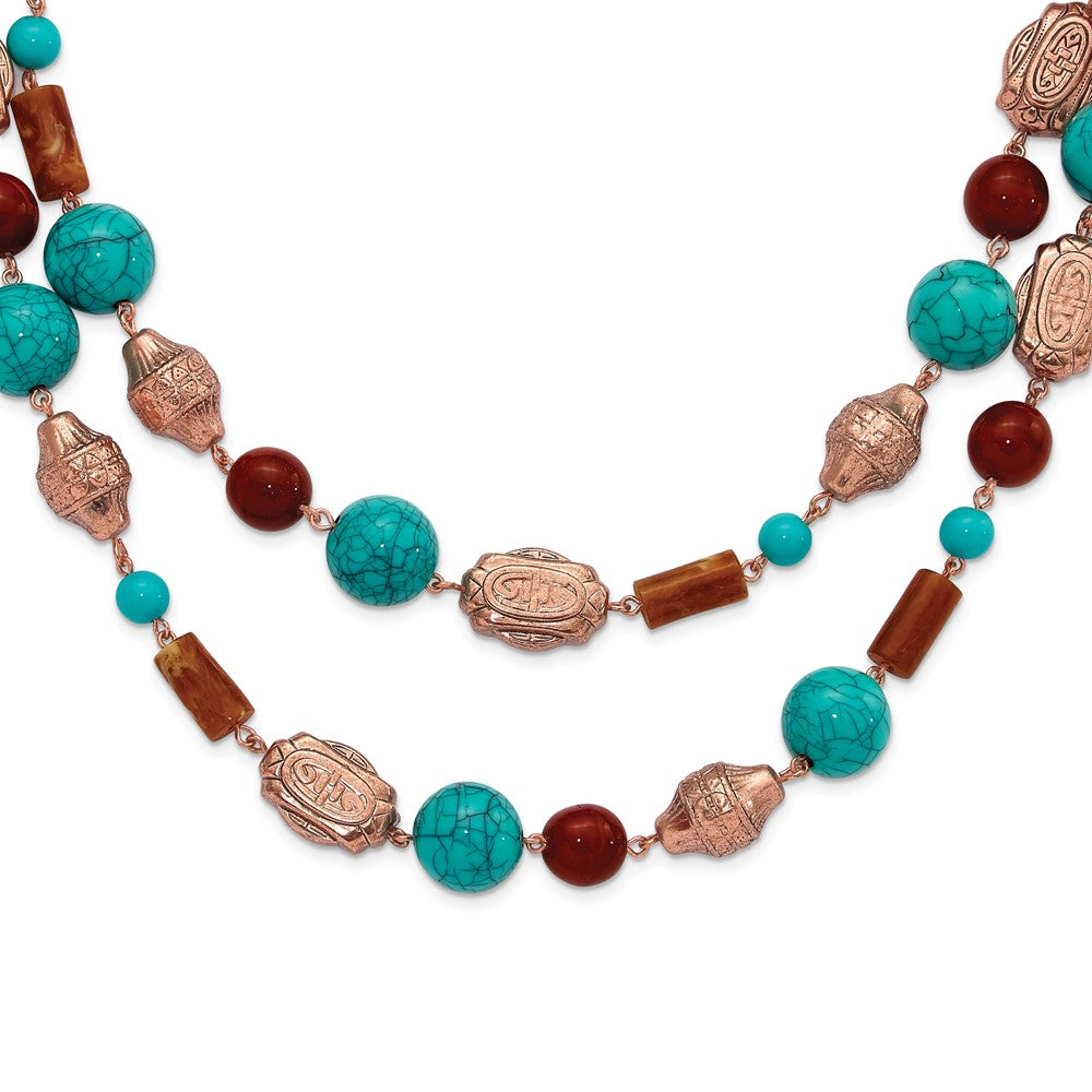 Mode 1928 Schmuck Copper-tone Muster Aqua Blau und Braun Acrylic Perlen Lang 44 Zoll Halskette