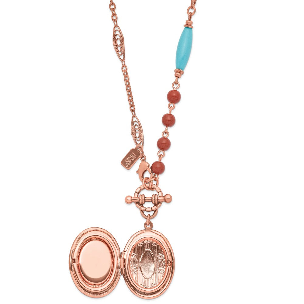 Mode 1928 Schmuck Copper-tone Aqua Blau und Braun Acrylic Perlen Blumen Rahmen mit Mittig Medaillon Halskette Fasst 2 Photos