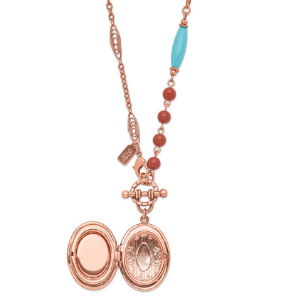 Mode 1928 Schmuck Copper-tone Aqua Blau und Braun Acrylic Perlen Blumen Rahmen mit Mittig Medaillon Halskette Fasst 2 Photos