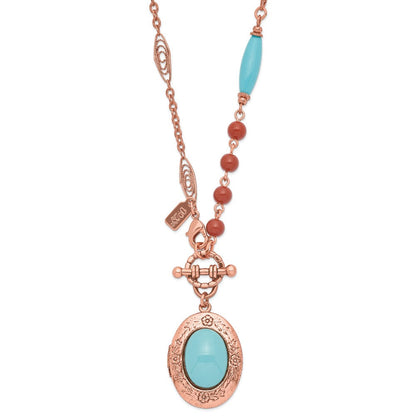 Mode 1928 Schmuck Copper-tone Aqua Blau und Braun Acrylic Perlen Blumen Rahmen mit Mittig Medaillon Halskette Fasst 2 Photos