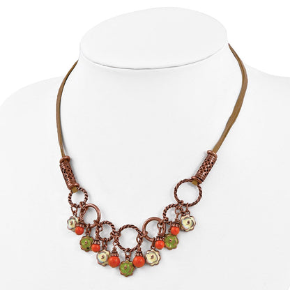 Mode 1928 Schmuck Copper-tone Strukturiert Knöpfe Grün und Licht Emaille Blume Orange Acrylic Perle Dangles Verstellbar 16 Zoll Faux Seude Kordel Halskette mit 3 Verlängerung