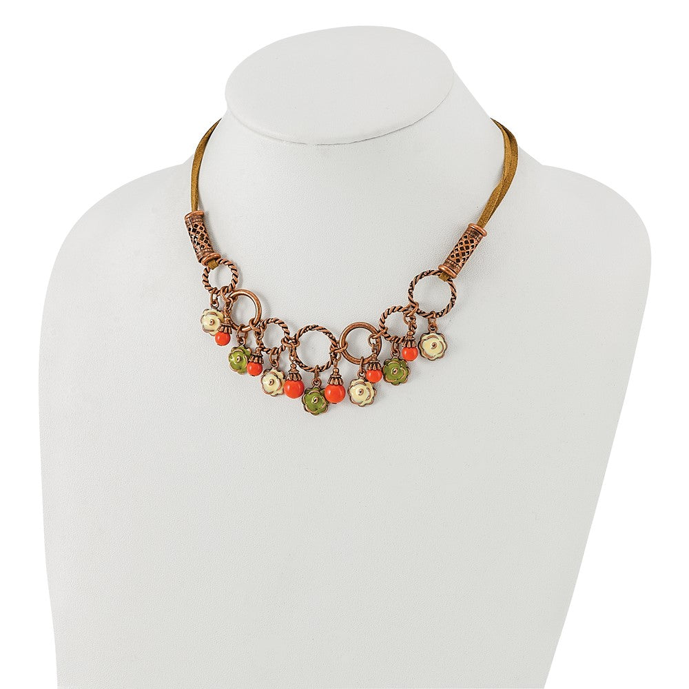 Mode 1928 Schmuck Copper-tone Strukturiert Knöpfe Grün und Licht Emaille Blume Orange Acrylic Perle Dangles Verstellbar 16 Zoll Faux Seude Kordel Halskette mit 3 Verlängerung