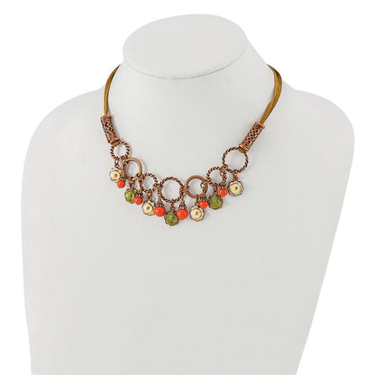 Mode 1928 Schmuck Copper-tone Strukturiert Knöpfe Grün und Licht Emaille Blume Orange Acrylic Perle Dangles Verstellbar 16 Zoll Faux Seude Kordel Halskette mit 3 Verlängerung