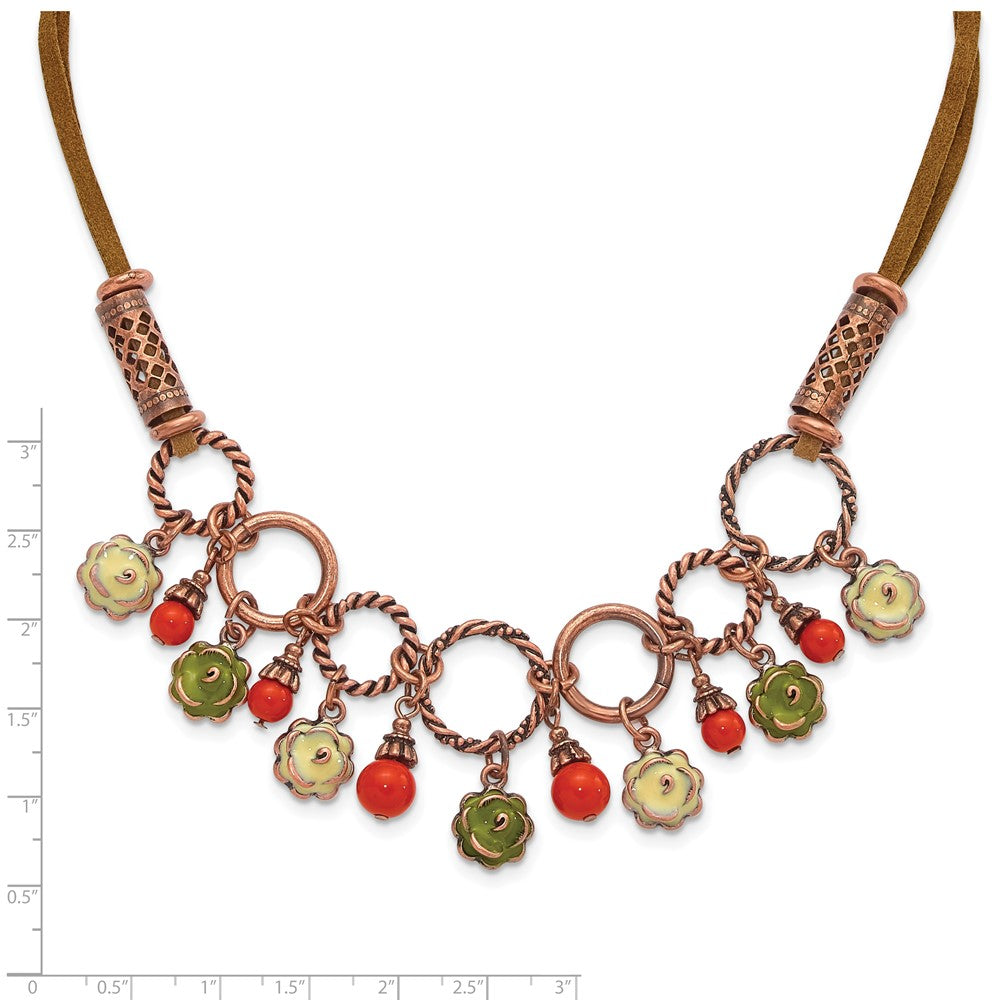 Mode 1928 Schmuck Copper-tone Strukturiert Knöpfe Grün und Licht Emaille Blume Orange Acrylic Perle Dangles Verstellbar 16 Zoll Faux Seude Kordel Halskette mit 3 Verlängerung