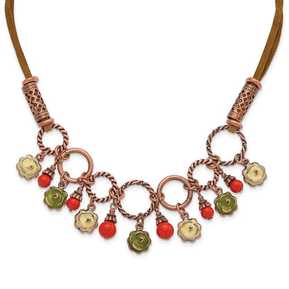 Mode 1928 Schmuck Copper-tone Strukturiert Knöpfe Grün und Licht Emaille Blume Orange Acrylic Perle Dangles Verstellbar 16 Zoll Faux Seude Kordel Halskette mit 3 Verlängerung