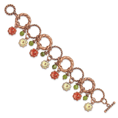 Mode 1928 Schmuck Copper-tone Strukturiert Glieder Orange und Licht Grün Emaille Blume Acrylic Perle Dangles 7 Zoll Knebel Armband