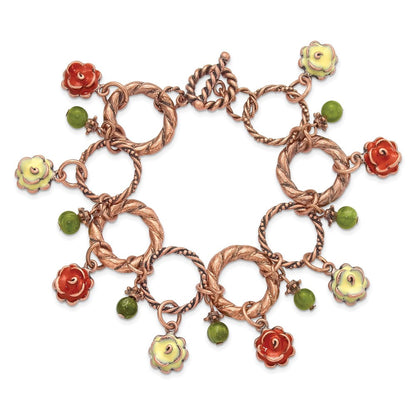Mode 1928 Schmuck Copper-tone Strukturiert Glieder Orange und Licht Grün Emaille Blume Acrylic Perle Dangles 7 Zoll Knebel Armband