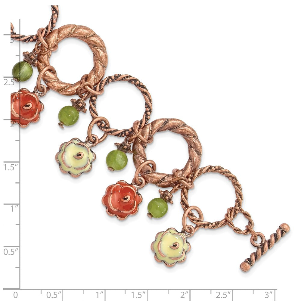 Mode 1928 Schmuck Copper-tone Strukturiert Glieder Orange und Licht Grün Emaille Blume Acrylic Perle Dangles 7 Zoll Knebel Armband