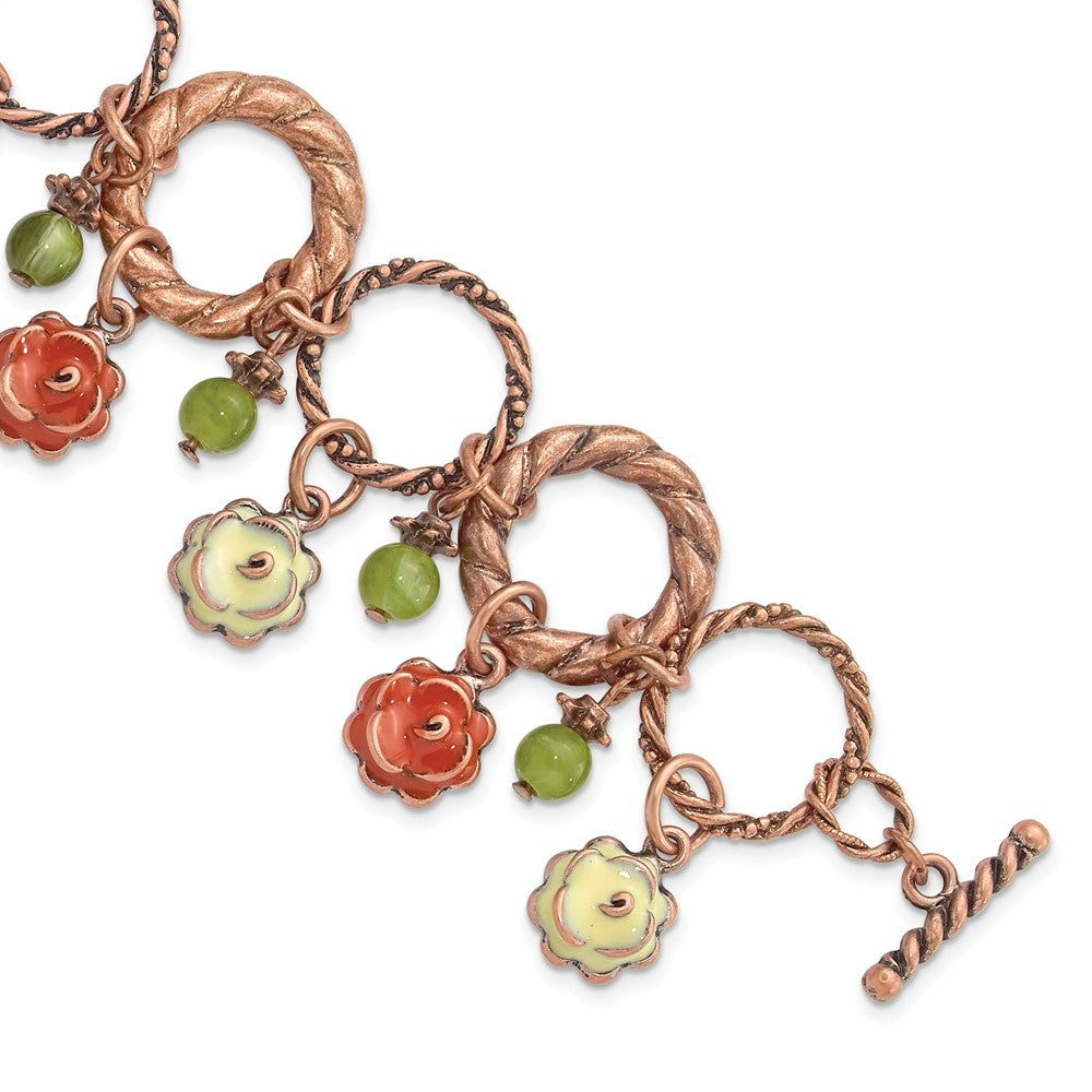 Mode 1928 Schmuck Copper-tone Strukturiert Glieder Orange und Licht Grün Emaille Blume Acrylic Perle Dangles 7 Zoll Knebel Armband