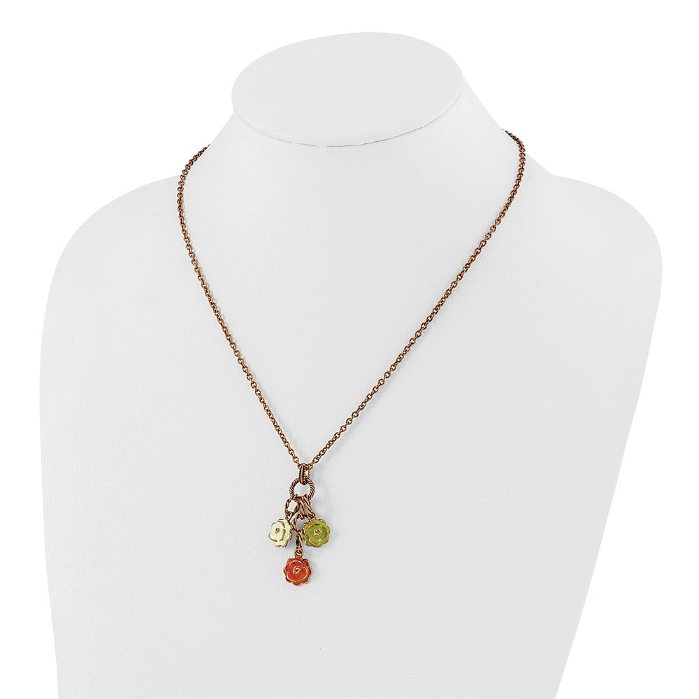 Mode 1928 Schmuck Copper-tone Strukturiert Knöpfe Grün Orange und Licht Emailliert Blume Hängend Verstellbar 16 Zoll Halskette mit 3 Verlängerung