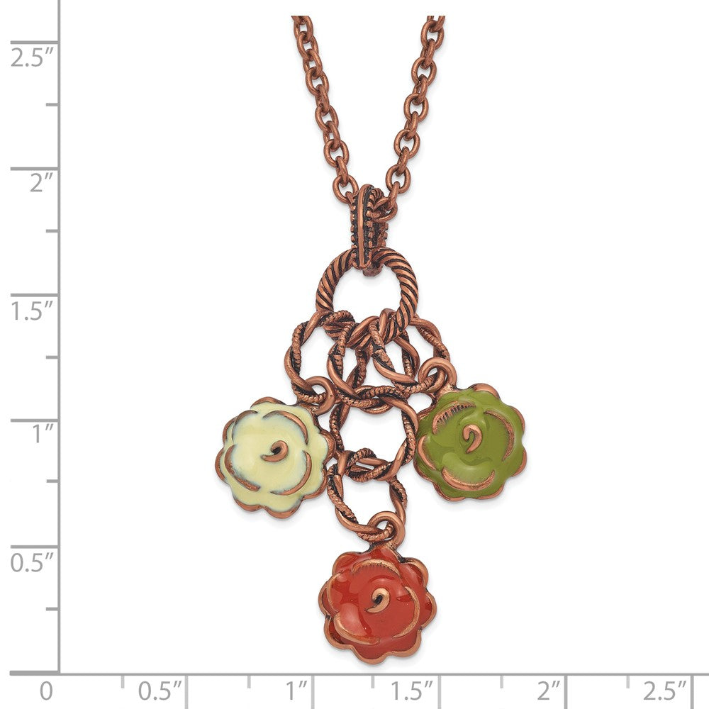 Mode 1928 Schmuck Copper-tone Strukturiert Knöpfe Grün Orange und Licht Emailliert Blume Hängend Verstellbar 16 Zoll Halskette mit 3 Verlängerung