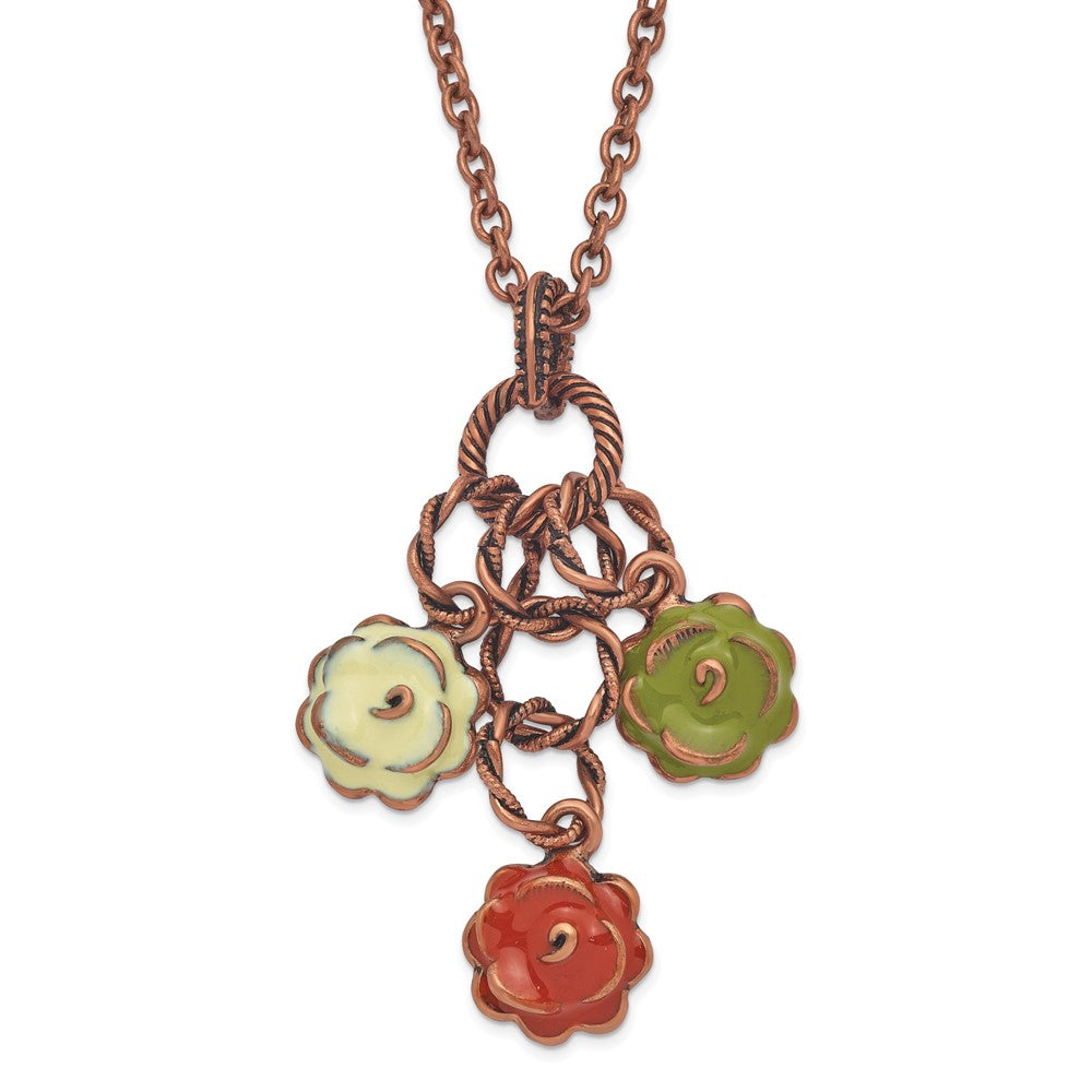 Mode 1928 Schmuck Copper-tone Strukturiert Knöpfe Grün Orange und Licht Emailliert Blume Hängend Verstellbar 16 Zoll Halskette mit 3 Verlängerung