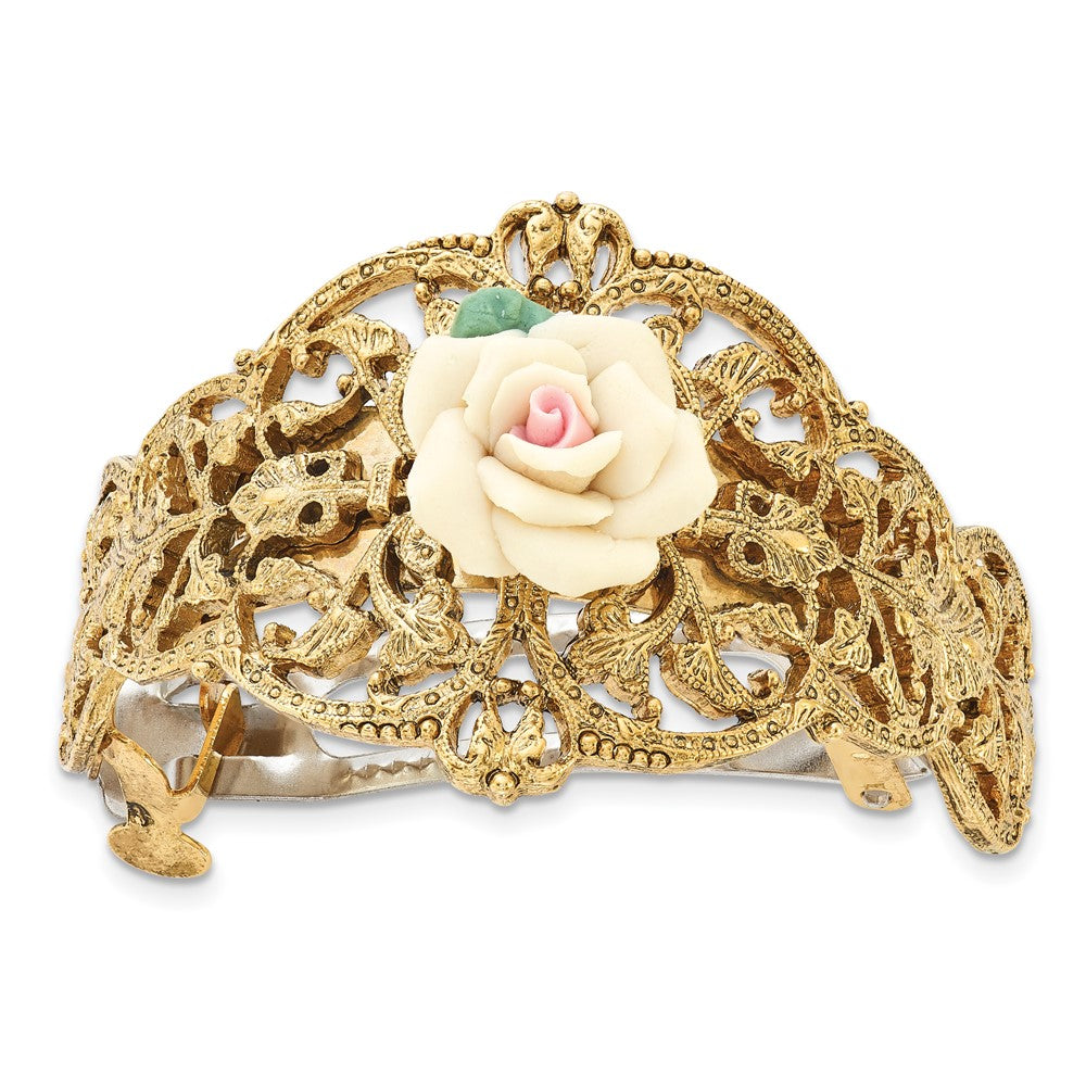 Mode 1928 Schmuck Goldfarben Filigran Ornate Porcelain Rose Ponytail Halter