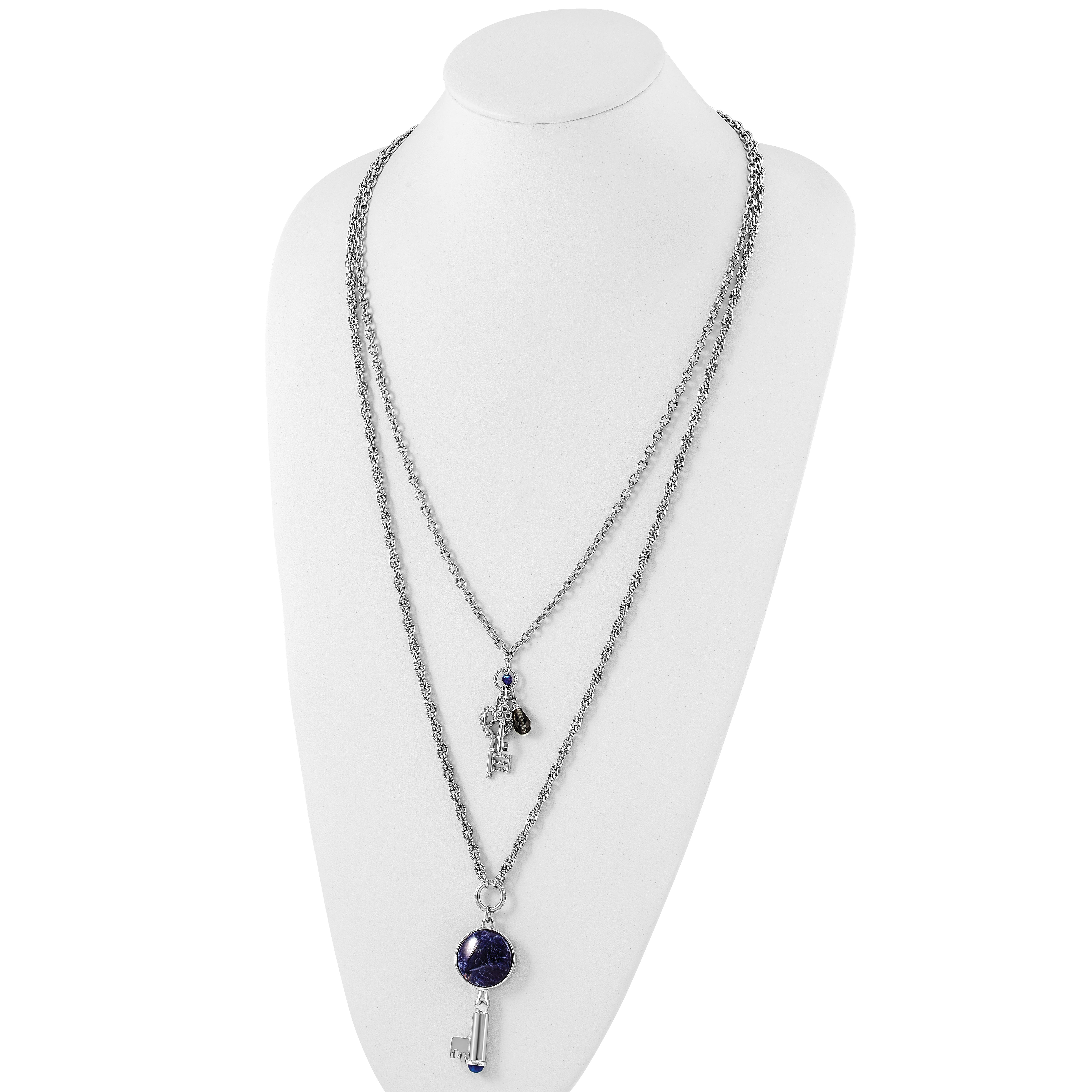 Mode 1928 Schmuck Silberfarben Zwei Strang Drei Key Pendants Kristall und Sodalite Akzente Halskette