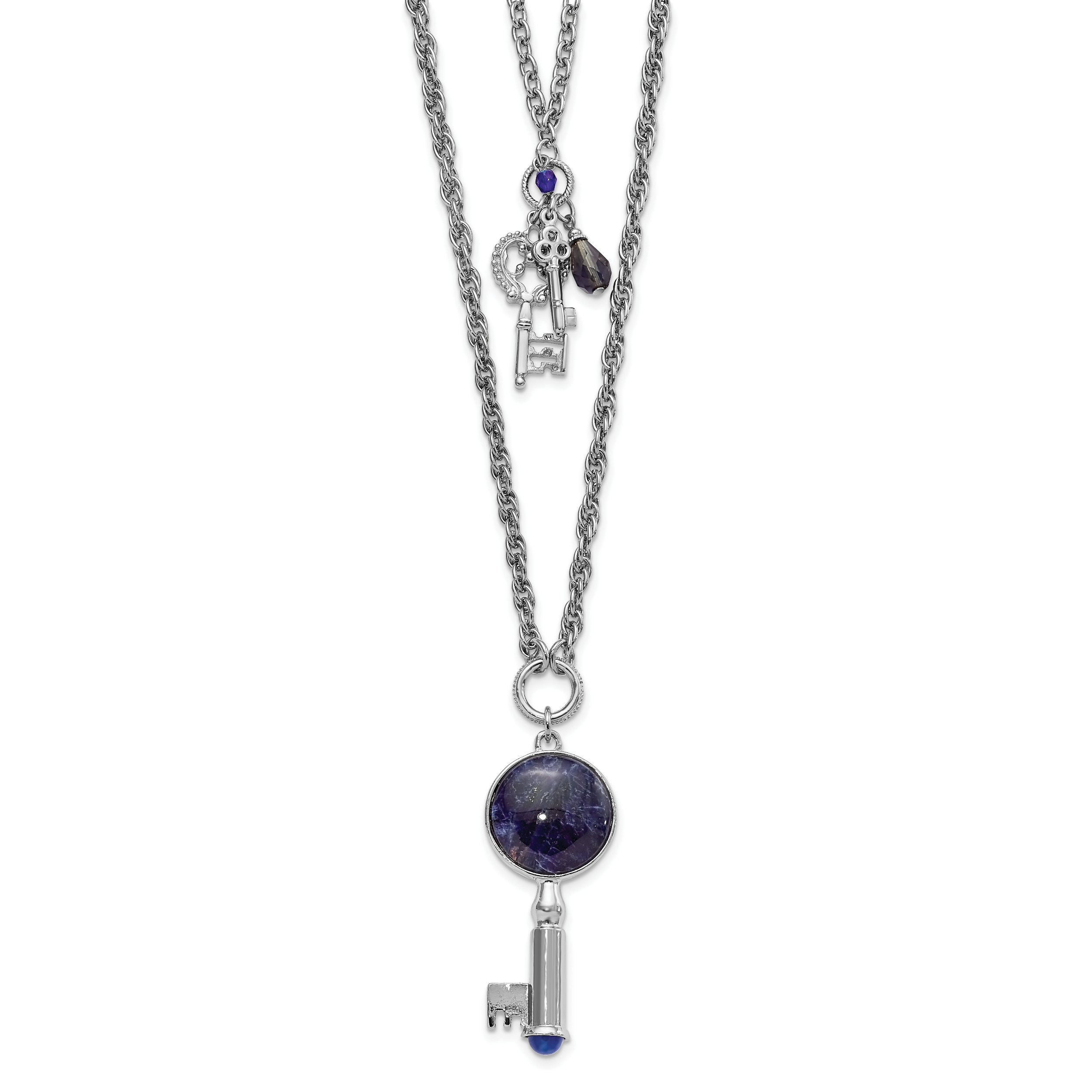 Mode 1928 Schmuck Silberfarben Zwei Strang Drei Key Pendants Kristall und Sodalite Akzente Halskette