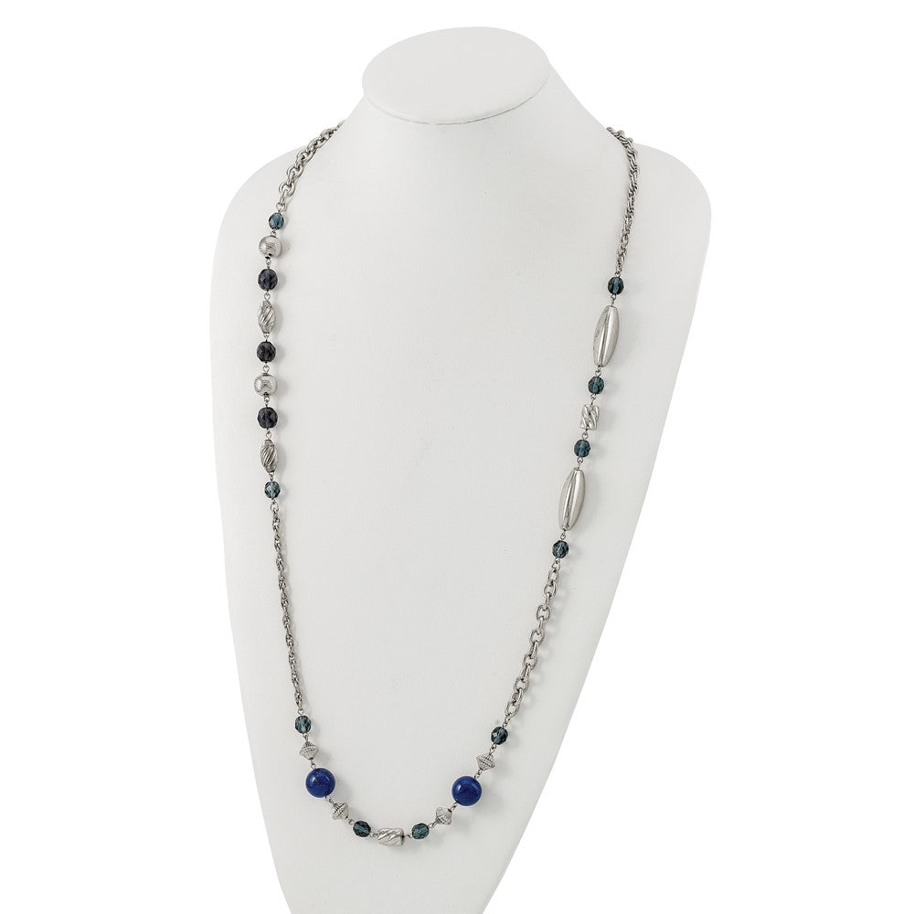Mode 1928 Schmuck Silberfarben Glieder Strukturiert Perlen Blau und Facettiert Crystals 44 Zoll Halskette