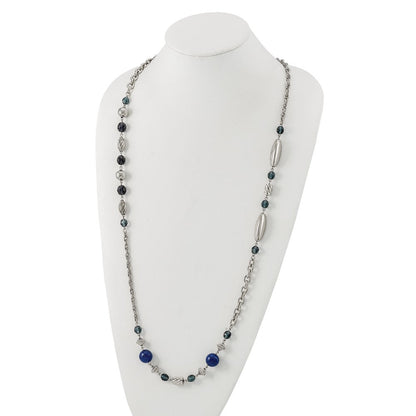Mode 1928 Schmuck Silberfarben Glieder Strukturiert Perlen Blau und Facettiert Crystals 44 Zoll Halskette