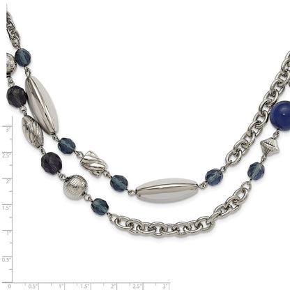 Mode 1928 Schmuck Silberfarben Glieder Strukturiert Perlen Blau und Facettiert Crystals 44 Zoll Halskette