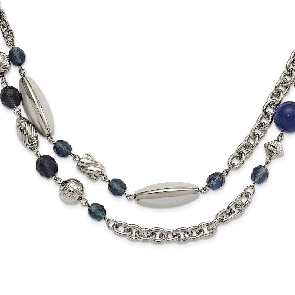 Mode 1928 Schmuck Silberfarben Glieder Strukturiert Perlen Blau und Facettiert Crystals 44 Zoll Halskette