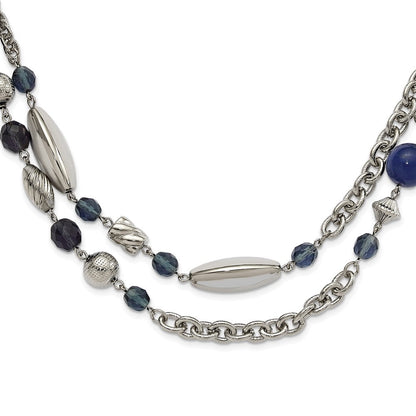 Mode 1928 Schmuck Silberfarben Glieder Strukturiert Perlen Blau und Facettiert Crystals 44 Zoll Halskette