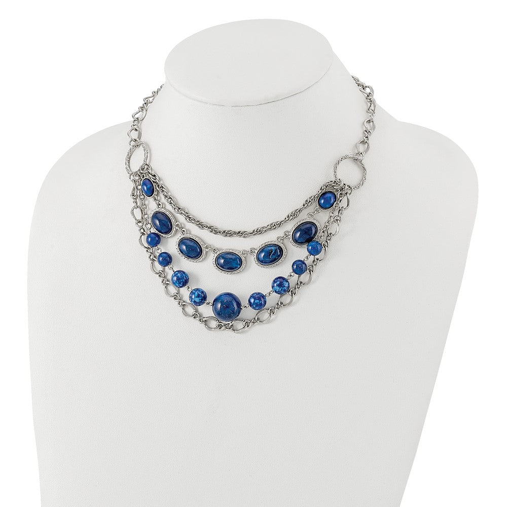 Mode 1928 Schmuck Silberfarben Strukturiert Glieder Blau Glas Perlen Abgestuft Vier Reihe 16 Zoll Halskette mit 3 Verlängerung