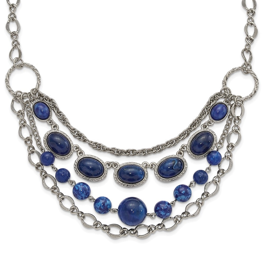 Mode 1928 Schmuck Silberfarben Strukturiert Glieder Blau Glas Perlen Abgestuft Vier Reihe 16 Zoll Halskette mit 3 Verlängerung