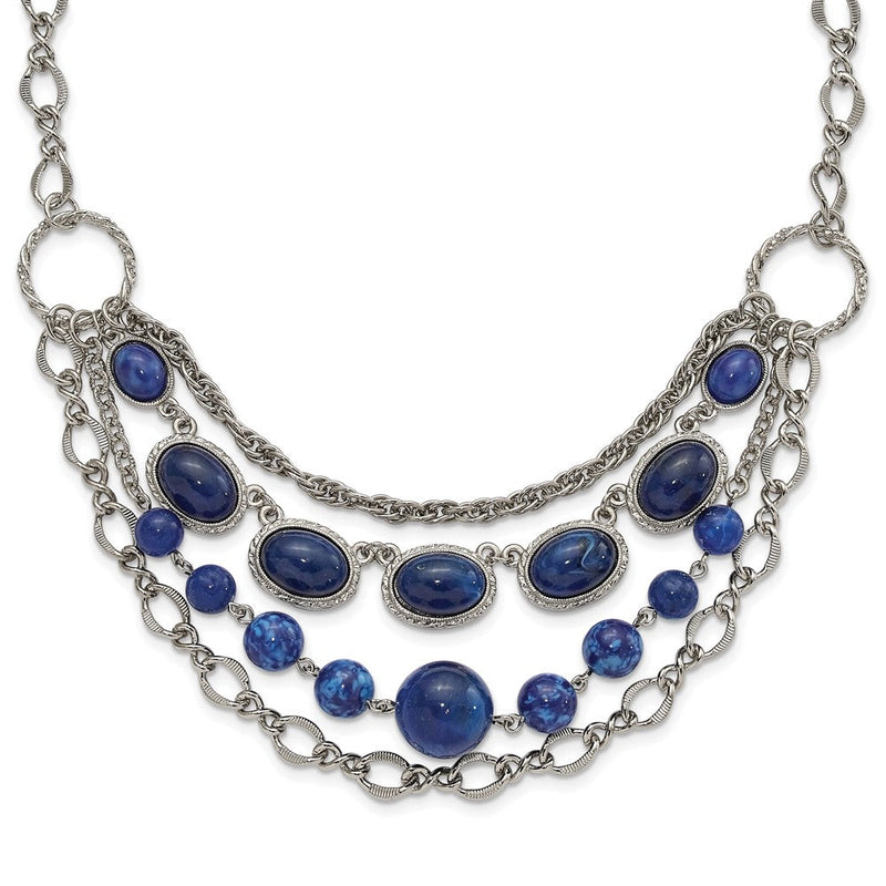 Mode 1928 Schmuck Silberfarben Strukturiert Glieder Blau Glas Perlen Abgestuft Vier Reihe 16 Zoll Halskette mit 3 Verlängerung