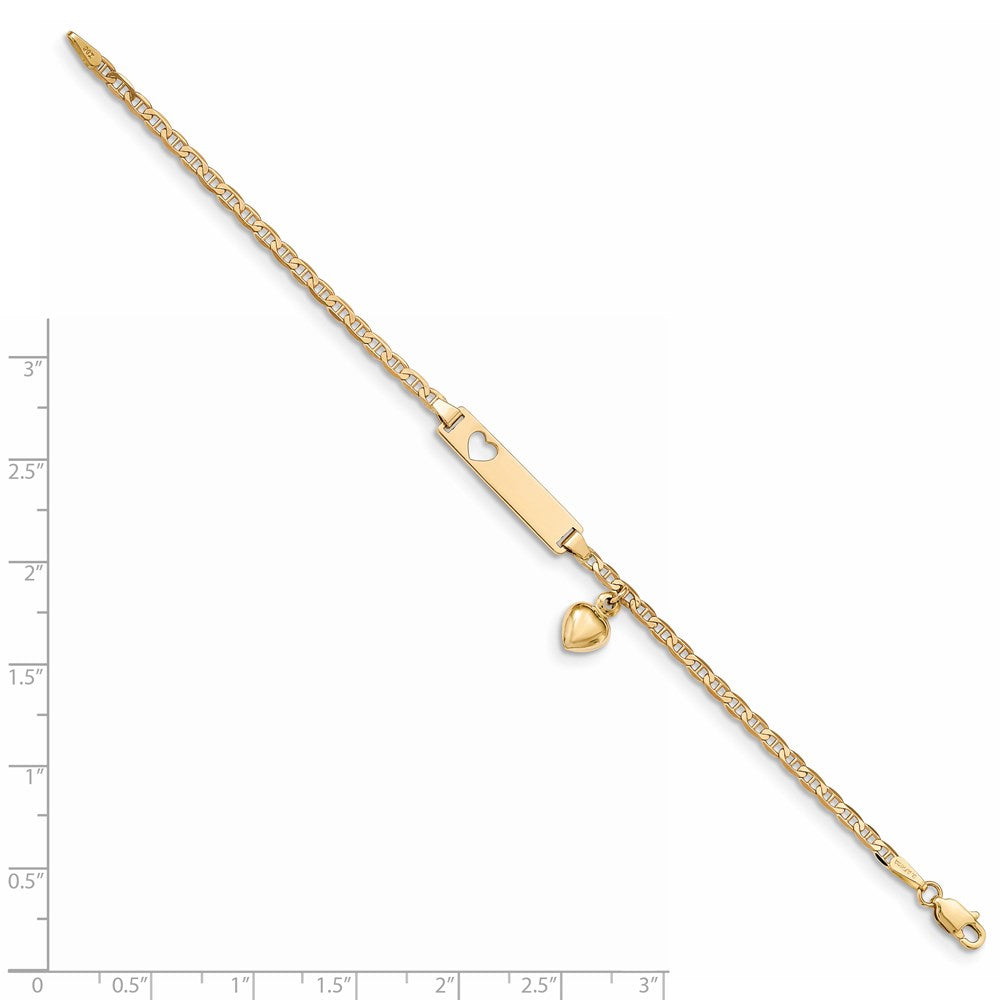 Massiv 14K Gelbgold Ausgeschnitten Herz mit Dangling Herz Kinder Anker Glieder Id Armband