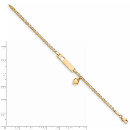 Massiv 14K Gelbgold Ausgeschnitten Herz mit Dangling Herz Kinder Anker Glieder Id Armband