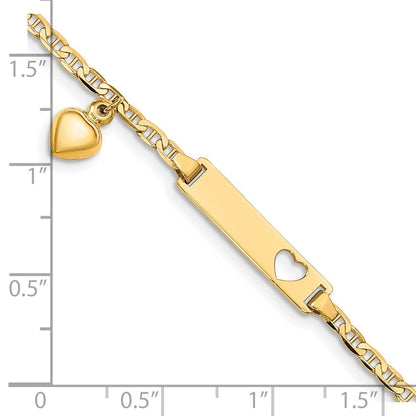 Massiv 14K Gelbgold Ausgeschnitten Herz mit Dangling Herz Kinder Anker Glieder Id Armband
