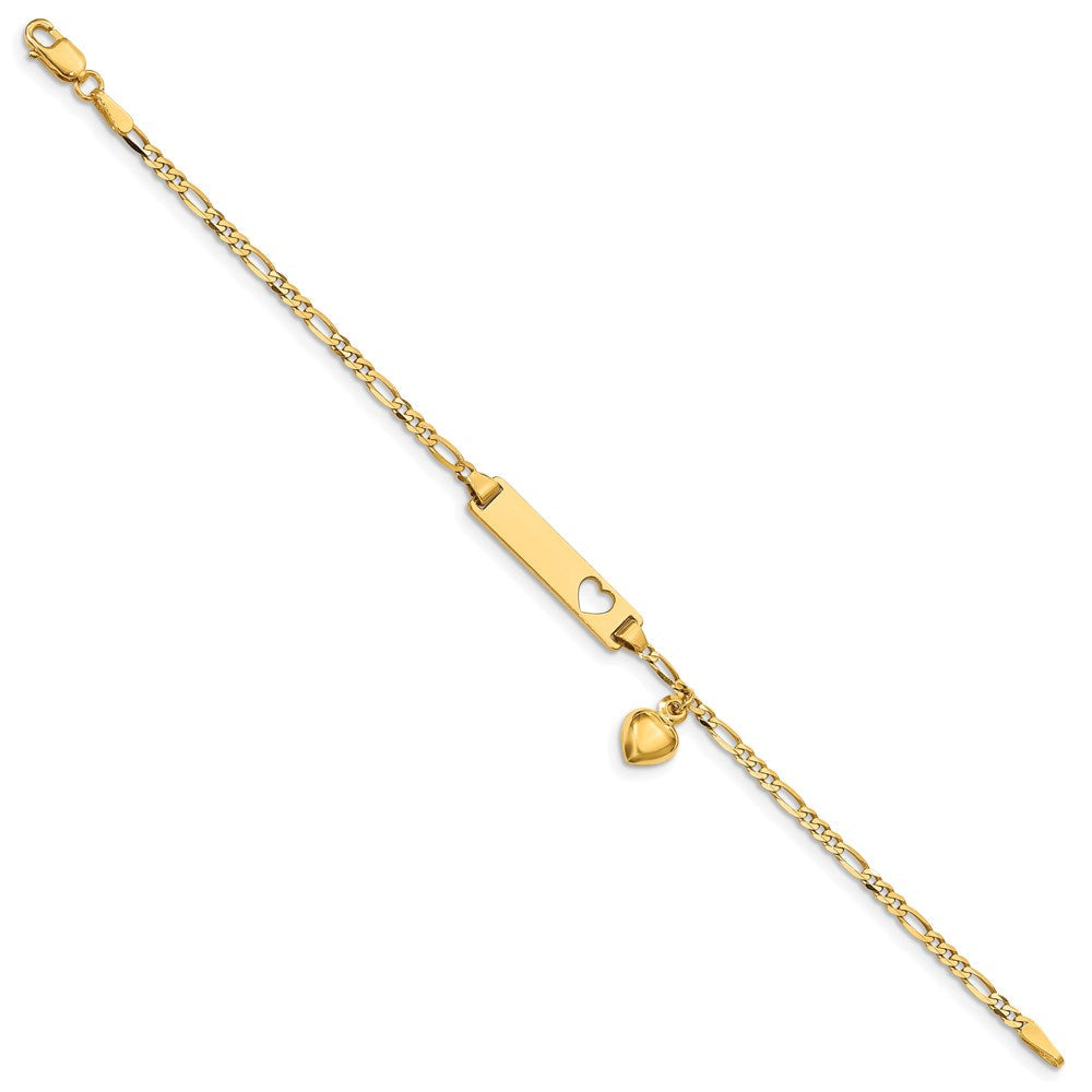 Massiv 14K Gelbgold Ausgeschnitten Herz mit Dangling Herz Kinder Figaro Glieder Id Armband