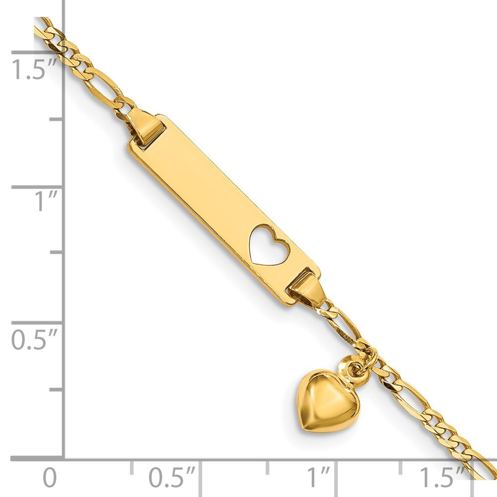 Massiv 14K Gelbgold Ausgeschnitten Herz mit Dangling Herz Kinder Figaro Glieder Id Armband