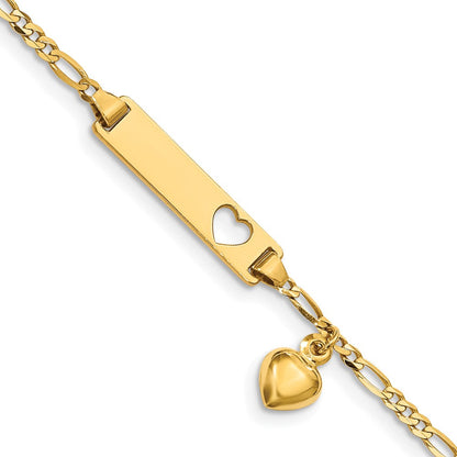 Massiv 14K Gelbgold Ausgeschnitten Herz mit Dangling Herz Kinder Figaro Glieder Id Armband