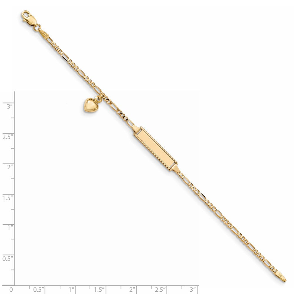 Massiv 14K Gelbgold Dangling Herz Kinder Figaro Glieder Id Armband