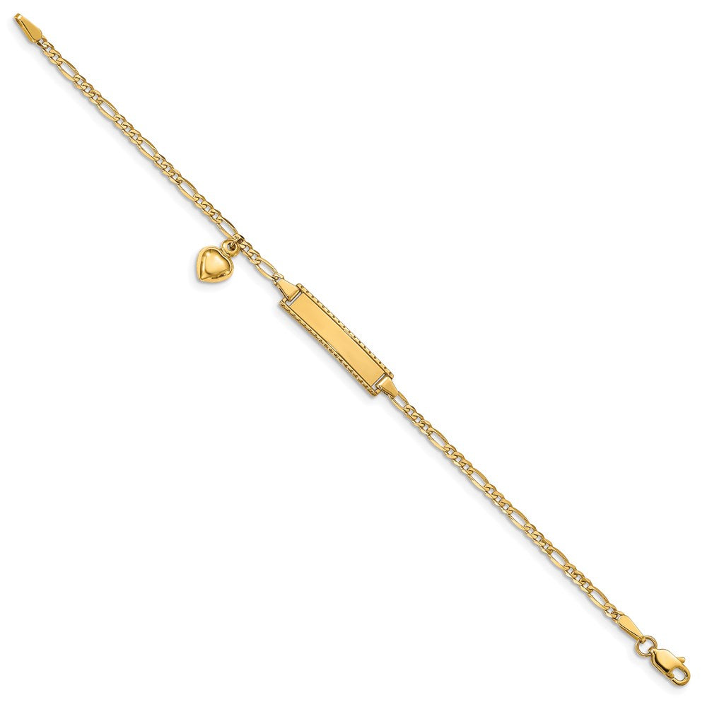 Massiv 14K Gelbgold Dangling Herz Kinder Figaro Glieder Id Armband
