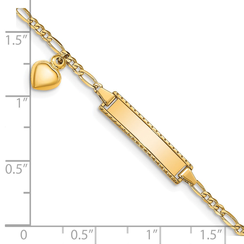 Massiv 14K Gelbgold Dangling Herz Kinder Figaro Glieder Id Armband