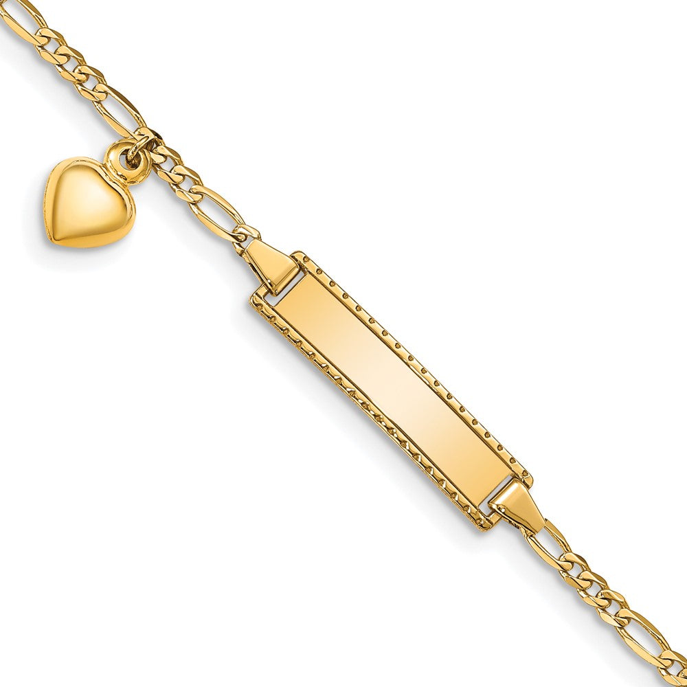 Massiv 14K Gelbgold Dangling Herz Kinder Figaro Glieder Id Armband