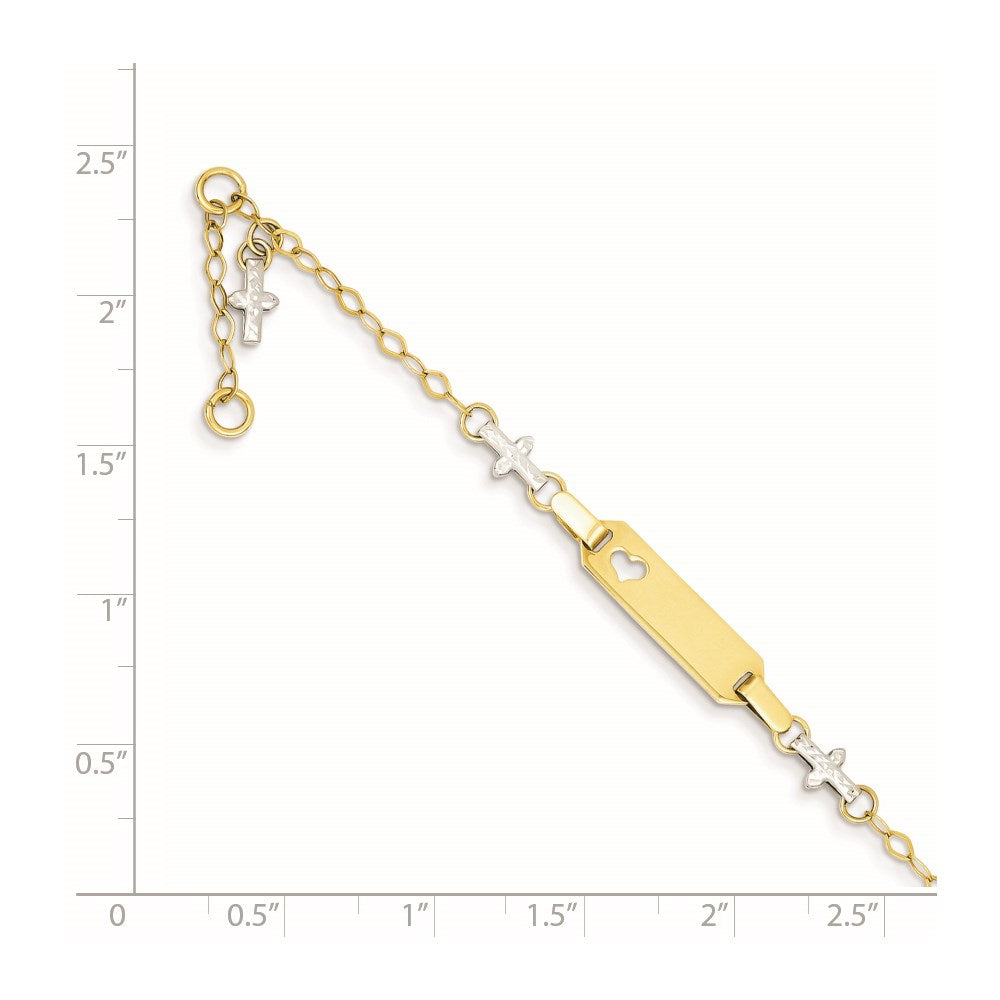 4.5 Zoll 14K Bicolor Baby Poliert und Strukturiert Kreuz mit 1 Zoll Verlängerung. Id Armband