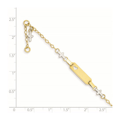 4.5 Zoll 14K Bicolor Baby Poliert und Strukturiert Kreuz mit 1 Zoll Verlängerung. Id Armband
