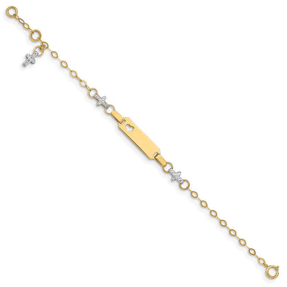 4.5 Zoll 14K Bicolor Baby Poliert und Strukturiert Kreuz mit 1 Zoll Verlängerung. Id Armband