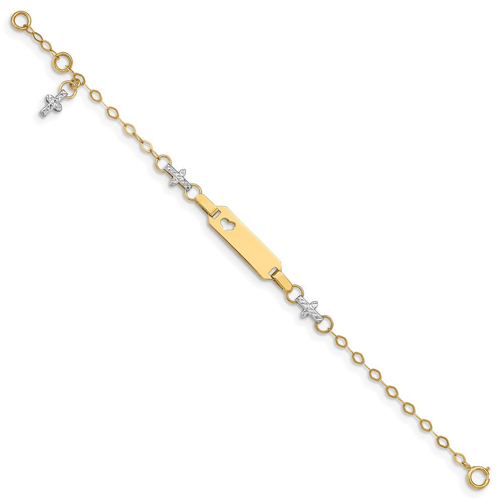 Massiv 14K Bicolor Gold Baby Poliert und Strukturiert Kreuz mit 1 Zoll Verlängerung. Id Armband