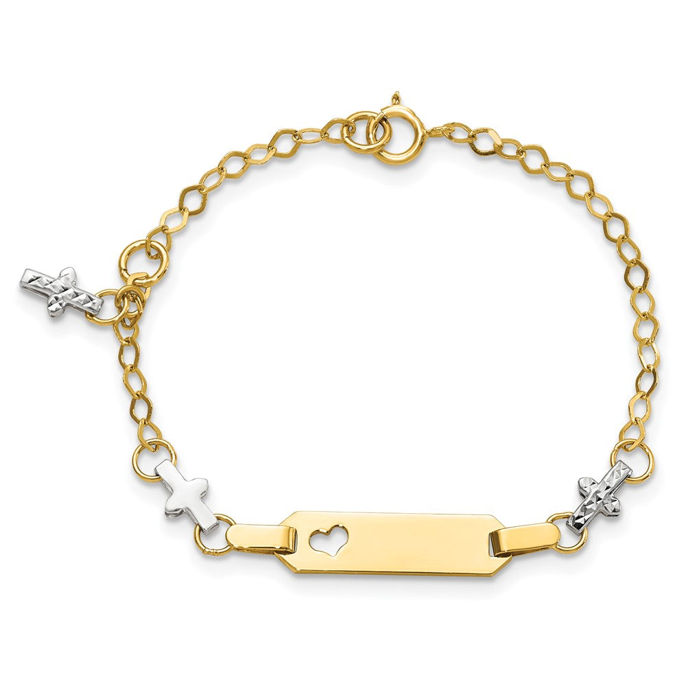 4.5 Zoll 14K Bicolor Baby Poliert und Strukturiert Kreuz mit 1 Zoll Verlängerung. Id Armband