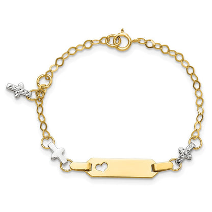 4.5 Zoll 14K Bicolor Baby Poliert und Strukturiert Kreuz mit 1 Zoll Verlängerung. Id Armband