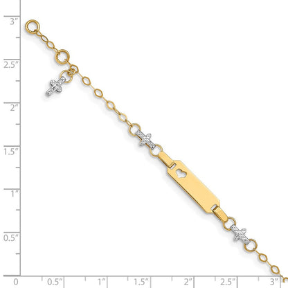 Massiv 14K Bicolor Gold Baby Poliert und Strukturiert Kreuz mit 1 Zoll Verlängerung. Id Armband