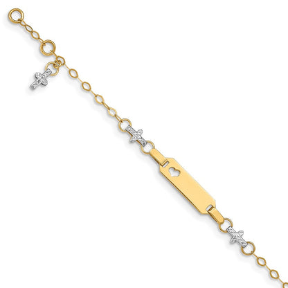 4.5 Zoll 14K Bicolor Baby Poliert und Strukturiert Kreuz mit 1 Zoll Verlängerung. Id Armband
