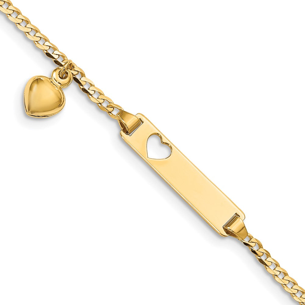 Massiv 14K Gelbgold Ausgeschnitten Herz mit Dangling Herz Kinder Panzer Glieder Id Armband