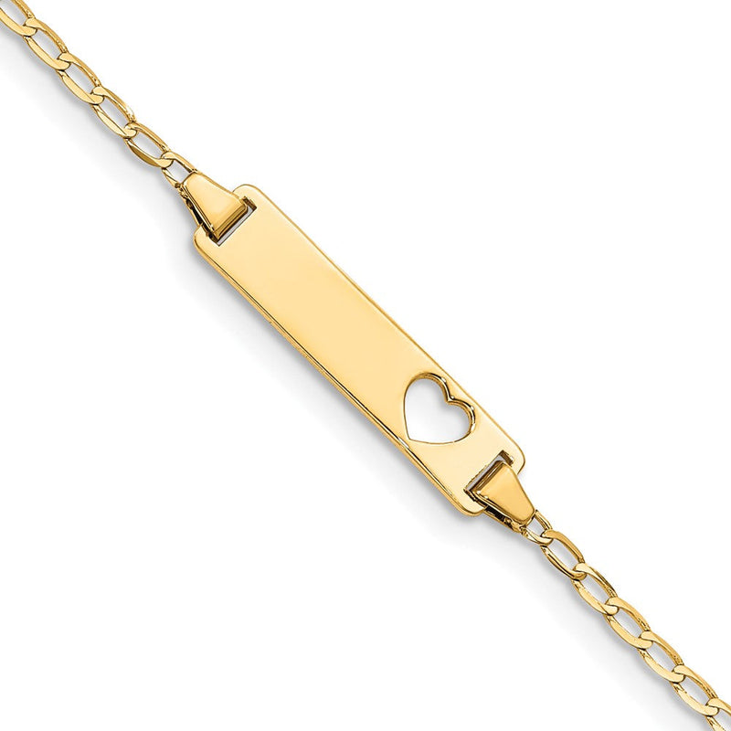 Massiv 14K Gelbgold Ausgeschnitten Herz Flach Panzer Glieder Id Armband
